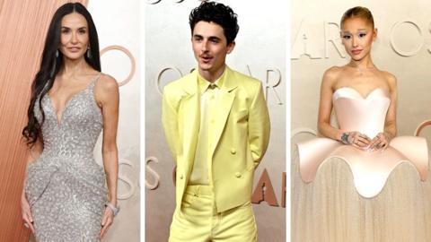 A composite image showing Demi Moore, Timothee Chalamet and Ariana Grande on the red carpet at the Oscars ceremony on 2 March 2025.