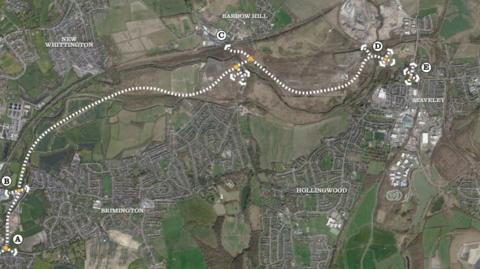 A map with dotted white lines where the proposed bypass would run between Chesterfield and Staveley