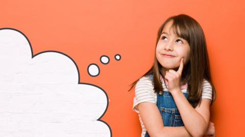 Young girl looking thoughtful - an illustrated thought bubble is pointing towards her.