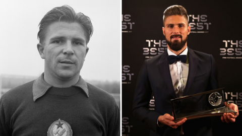 Ferenc Puskas (left) and Olivier Giroud (right) holding the prize