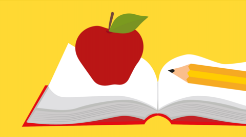 Illustrated image of an apple on a book with a pencil.