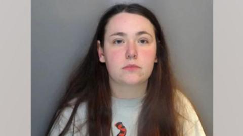 A mugshot of Caitlin Hutchinson. She has long brown hair and wears a nose ring. She is wearing a grey sweater with a Winnie the Pooh and Tigger design.