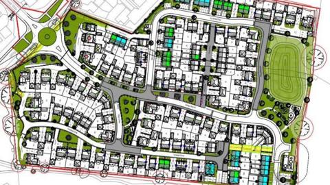A design graphic for a housing estate, showing a simplified plan view of a series of traditional houses with back gardens facing on to roads