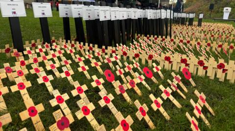 Crosses in the field of remembrance at Cardiff Castle