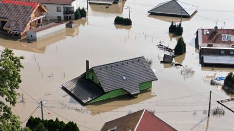  Drone view shows the flood-affected area following heavy rainfall in Ostrava, Czech Republic