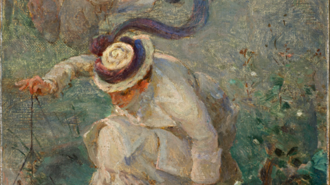 An Impressionist-style painting showing a woman in white period dress and a hat bending over to fish, holding a line in one hand. Swirls of turquoise can be seen depicting the natural world around her. 