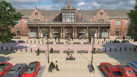 An artist's impression of how the station will look after the work shows wide bus lanes outside the front with benches and then cars parked further back.