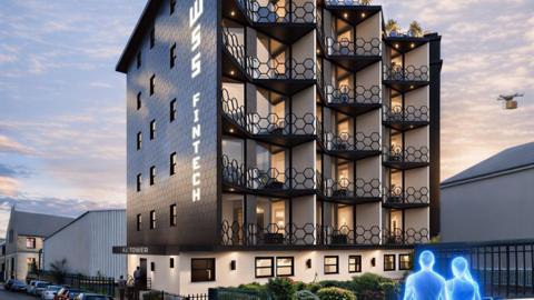 A futuristic architect's impression of a black tower block with drones carrying parcels and blue figures walk towards it.