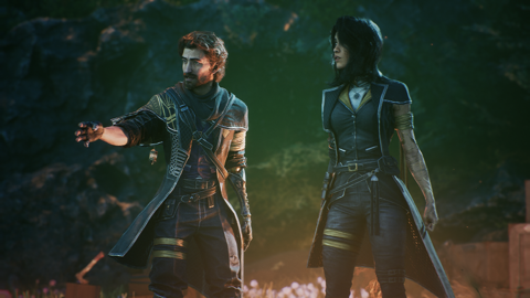 Screenshot shows a bearded male character and a female companion, both wearing leather-effect outfits. They appear to be in some sort of cavern, with luminous plants emitting an eerie pink glow around them.