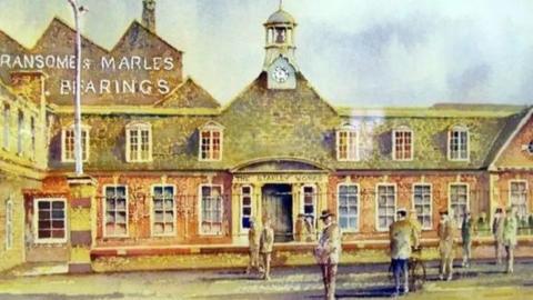 Watercolour postcard of early factory buildings, showing an entrance with a clock