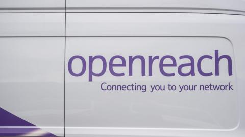 A close up of the side of a white van with the words "Openreach Connecting you to your network" in purple letters.