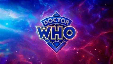 The Doctor Who logo on a purple space nebula background.