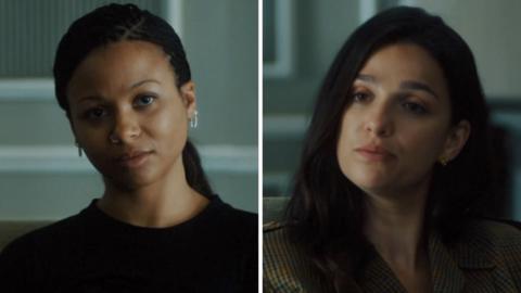 Composite image of characters Harper and Yas, in business attire, looking at each other seriously