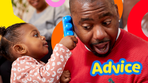 A dad plays blocks with his daughter. The word 'advice' is overlayed.