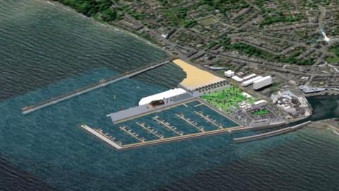 Architectural sketch of proposed plans for the new marina in South Beach, Ramsey. A long breakwater juts out alongside berths for yachts.