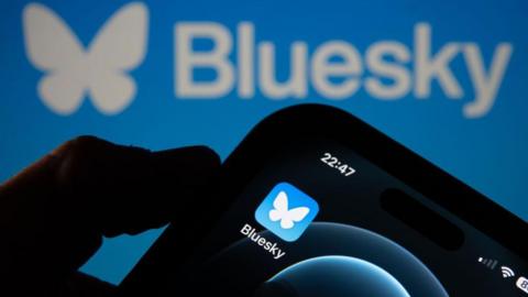 A photo of the Bluesky logo on a phone