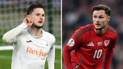 Liam Cullen in Swansea kit (left) and Wales kit (right)