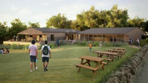 A computer generated image shows a golf club club house in the background, with people milling around on grass. There are benches for people to sit on, sitting parallel to a stone wall.