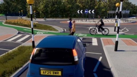 A CGI image of a car using a roundabout but giving way to a busy pedestrian crossing.