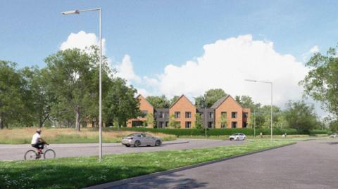 A red-brick care home is visible in an artist's impression. Trees are on the left-hand side with a cyclist and cars on the road