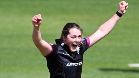 Somerset bowler Ellie Anderson celebrates a wicket against Durham at Taunton.
