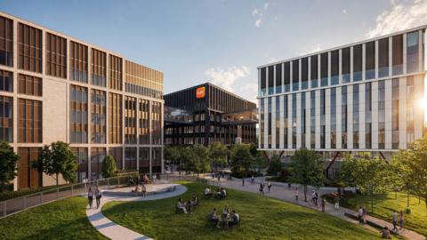 An artist impression of the new GSK buildings. They are several stories high and have a green space in the middle of them, bordered by trees. 