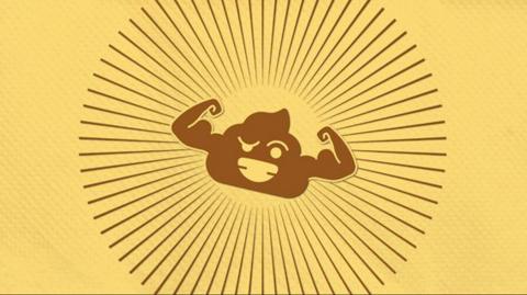 An illustration of a poo emoji, inside a sunburst, flexing its biceps and smiling