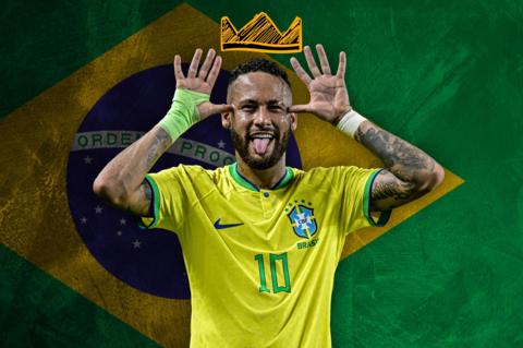 Neymar in front of a Brazil flag with a cartoon crown above his head