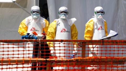 Health workers dressed in protective suits are seen at the newly constructed MSF(Doctors Without Borders) Ebola treatment centre in Goma - September 2019