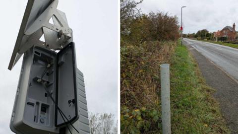 A composite image of two photos next to each other. On the left is a grey speed indicator board with its panel open and batteries removed. On the right is a metal pole which has been cut across the top. It is on a grass verge next to a road. A house is on the other side of the road.