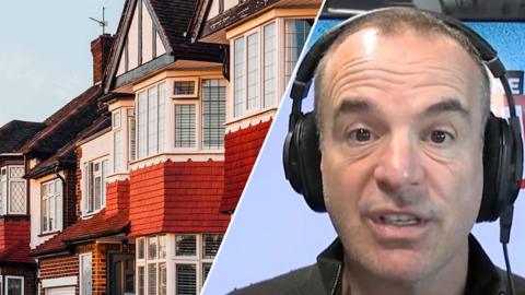 Composite of a row of houses, and Martin Lewis wearing over-ear headphones in a recording studio