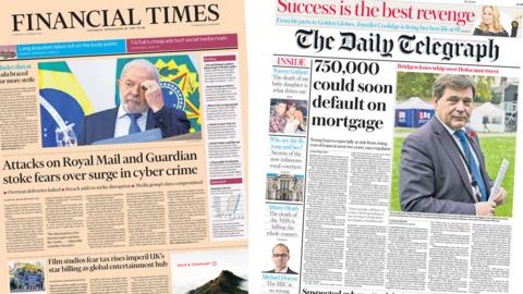 The headline on the frontpage of the Financial Times reads 'Attacks on Royal Mail and Guardian stoke fears over surge in cyber crime' and the headline on the frontpage of the Daily Telegraph reads '750,000 could soon default on mortgage'