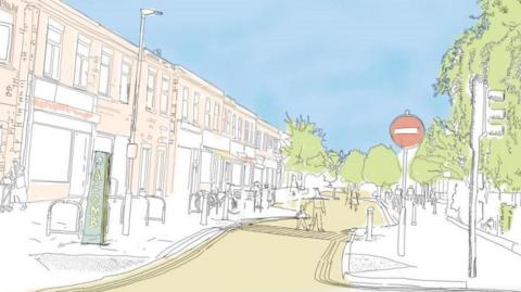 An artist's impression of a street with trees, a stop sign and drawings of people in the distance