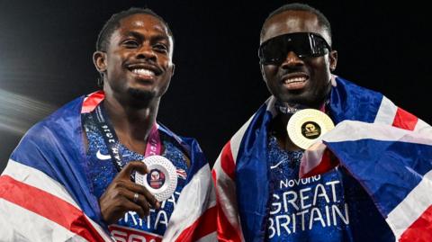 Romell Glave and Jeremiah Azu celebrate with their European 100m medals