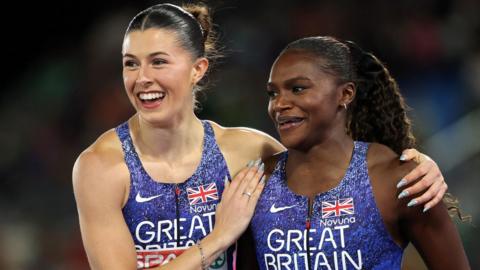 Amy Hunt celebrates with British team-mate Dina Asher-Smith