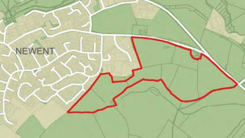 Map of plans submitted to the Forest of Dean District Council to develop almost 60 acres of agricultural land south of Gloucester Street, Newent.