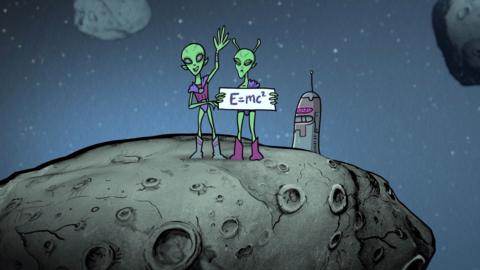 An illustration of two green aliens holding a sign saying E = mc2