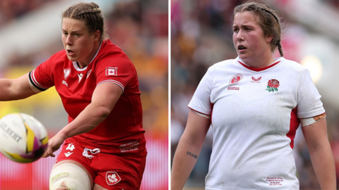 Sophie de Goede kicking the ball and Morwenna Talling