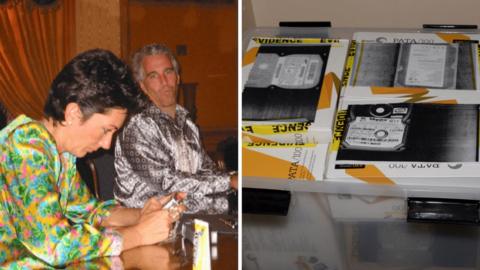 Jeffrey Epstein and Ghislaine Maxwell are on the left and various cassettes are on the right.