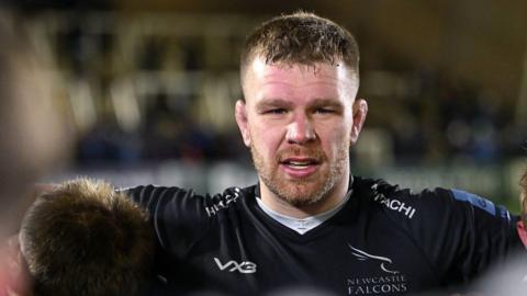 Callum Chick prepares for a scrum with Newcastle Falcons.