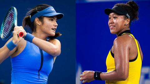 Split picture of Emma Raducanu and Naomi Osaka in action