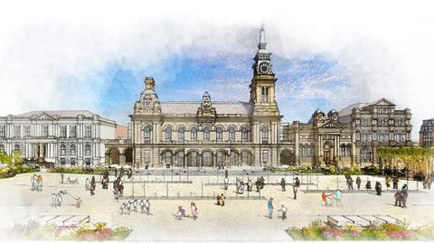 Artist's impression of how the Southport Legacy Project community space will look. Shows families playing in front of Southport Town Hall.