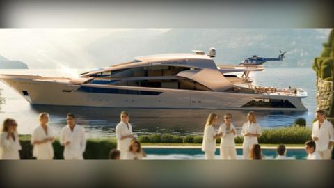 A computer-generated yacht with a helicopter on a landing pad at the rear of the cabin, sits just off a CGI shore. CGI people are featured in the foreground