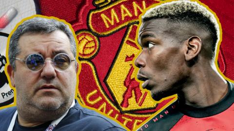 Cut out of Mino Raiola and Paul Pogba against a Manchester United badge