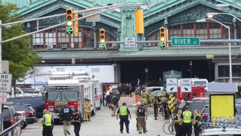 Emergency personnel at Hoboken train station