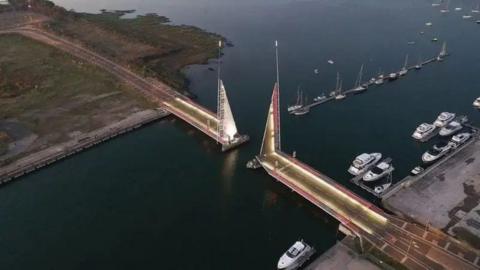 Drone view of Twin Sails bridge in open position