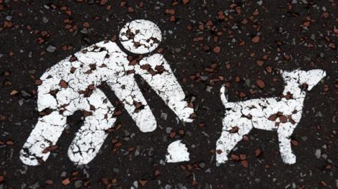 Stencilled sign, painted in white, on a road depicts a dog owner leaning down to pick up dog faeces next to their pet.