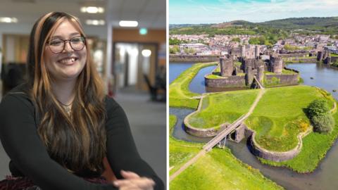Women smiling and Caerphilly castle 