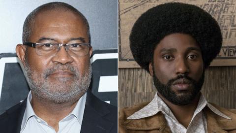 Ron Stallworth in person and as he is played by John David Washington in BlacKkKlansman