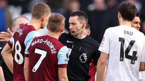 Tomas Soucek and James Ward Prowse speak to the referee after West Ham draw with Aston Villa